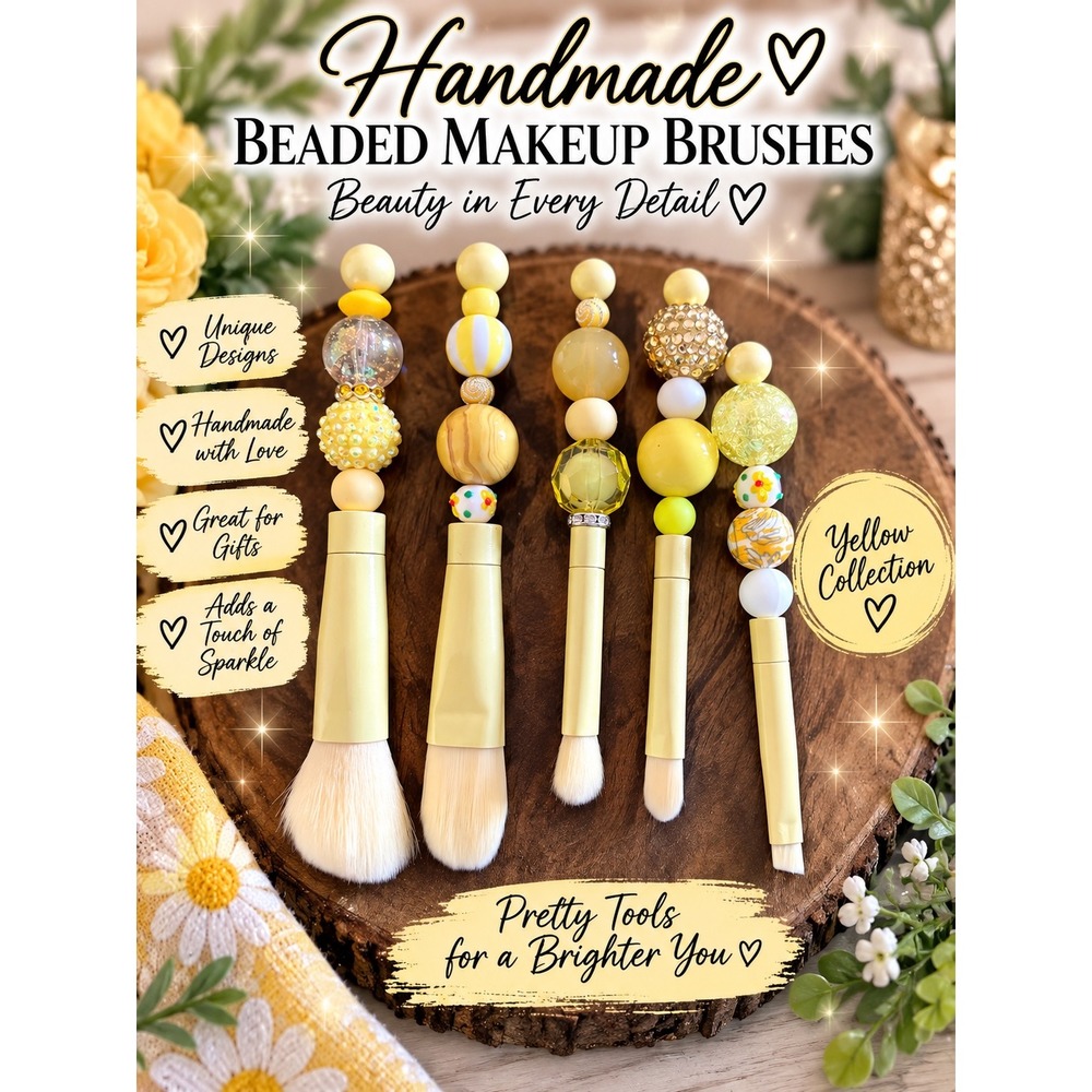 Handmade Beaded Makeup Brush Set 5pc Yellow Collection Rhinestone Artisan Tools